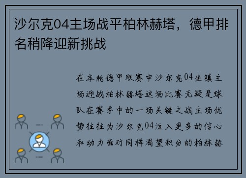 沙尔克04主场战平柏林赫塔，德甲排名稍降迎新挑战