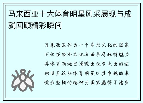 马来西亚十大体育明星风采展现与成就回顾精彩瞬间